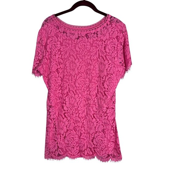 Isaac Mizrahi Top Women L Pink Floral Lace Feminine Ballerina Coquette Fringe - Picture 1 of 11